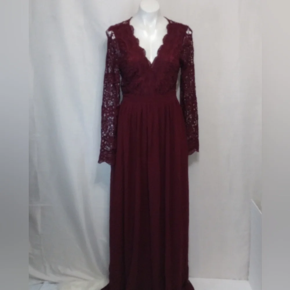 NWT Lulus Burgundy Lace Open Back Maxi Gown Romantic Formal Evening Glam Medium - Picture 3 of 14